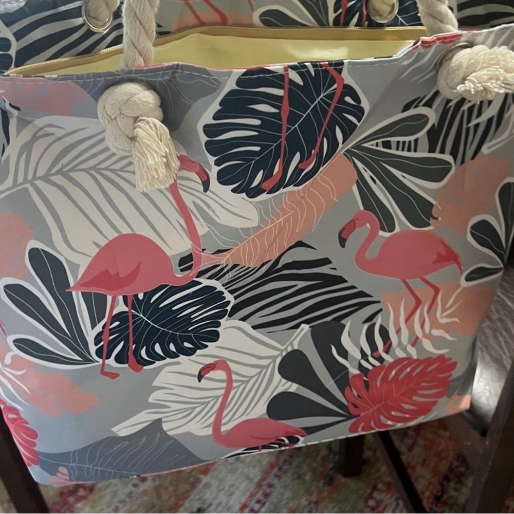 Flamingo Print Pink and Gray Rope-Handle Tote Bag - Picture 5 of 6